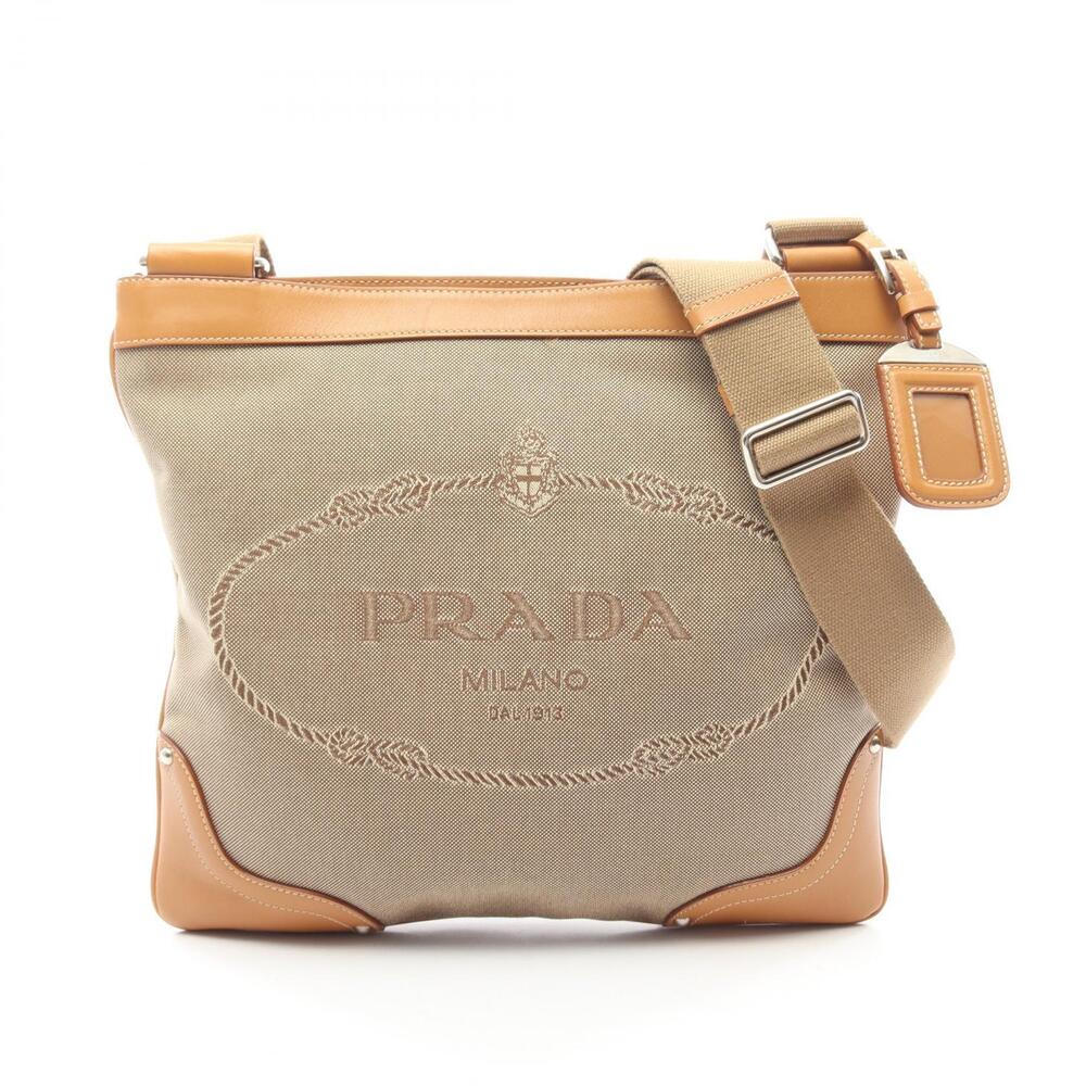 Prada JACQUARD Shoulder Bag Canvas Leather Beige Cream Brown